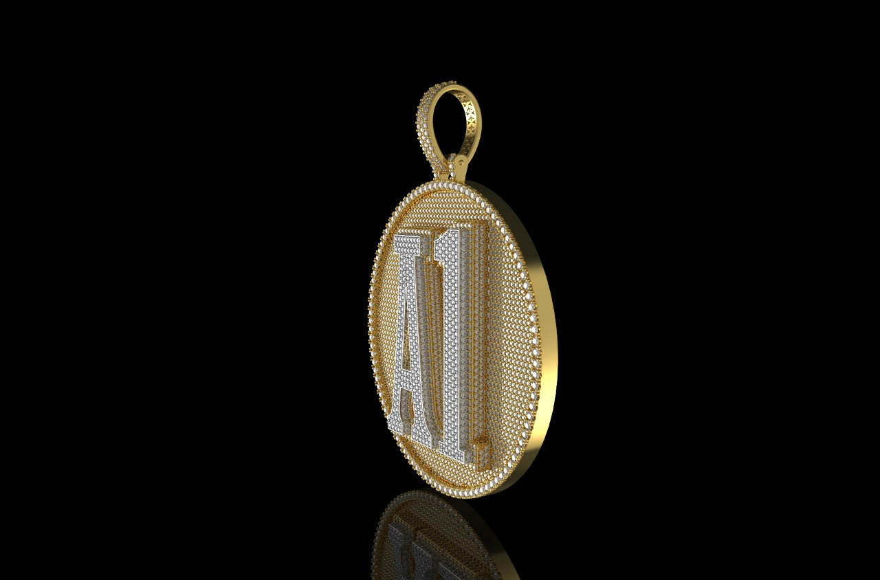 14K 2 TONE YELLOW AND WHITE GOLD LARGE 3D CUSTOM "A1" STYLE DIAMOND PENDANT