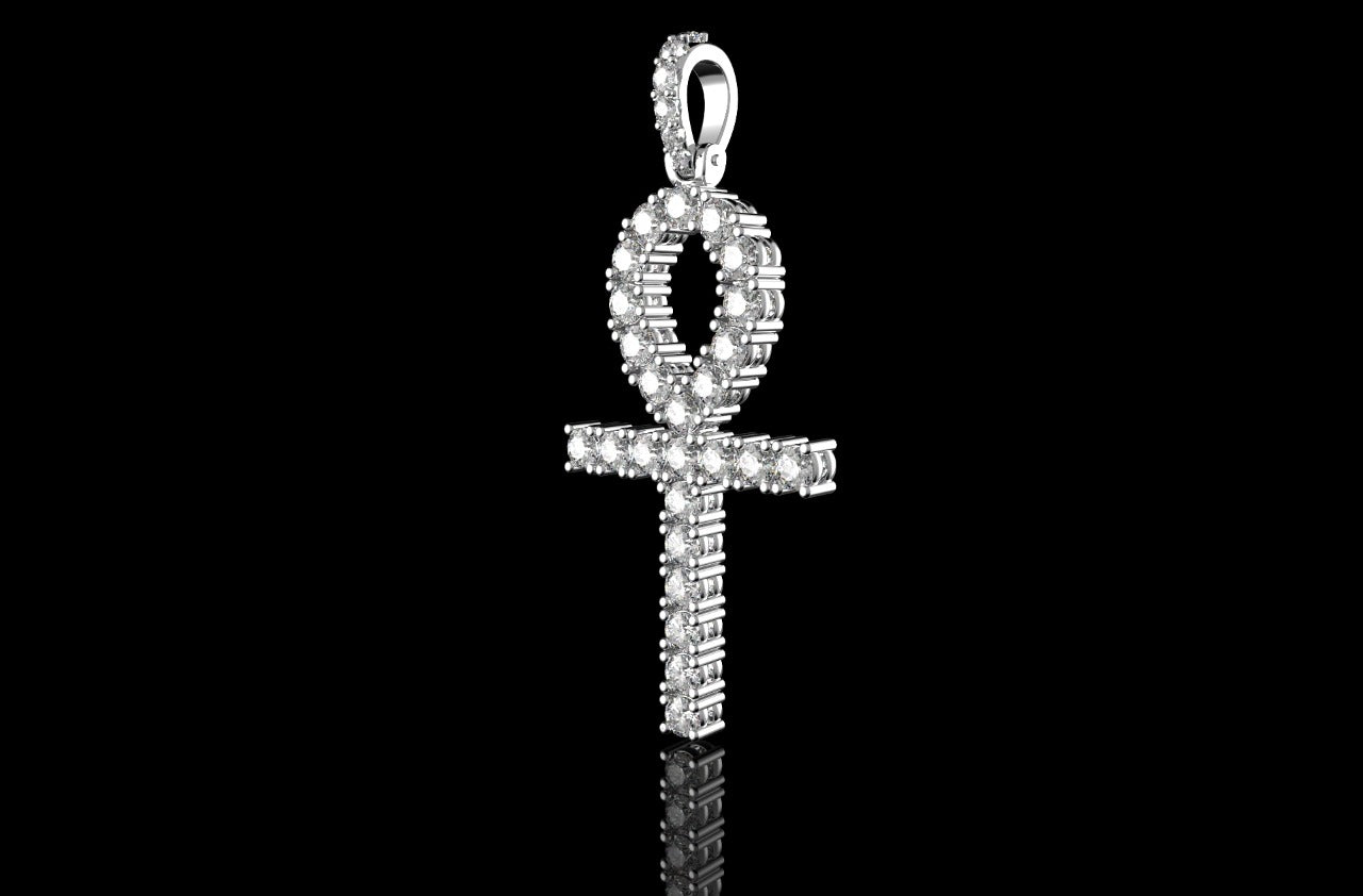 14K WHITE GOLD CUSTOM DIAMOND ANKH CROSS PENDANT