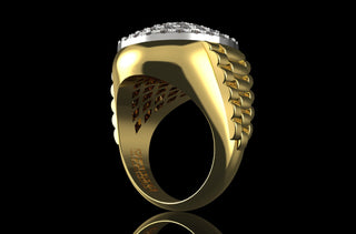 14k yellow gold round layered diamond cake ring with custom shank
