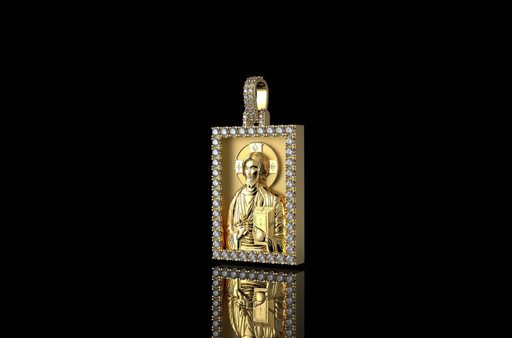14k yellow gold custom 3d square shape diamond saint medallion pendant