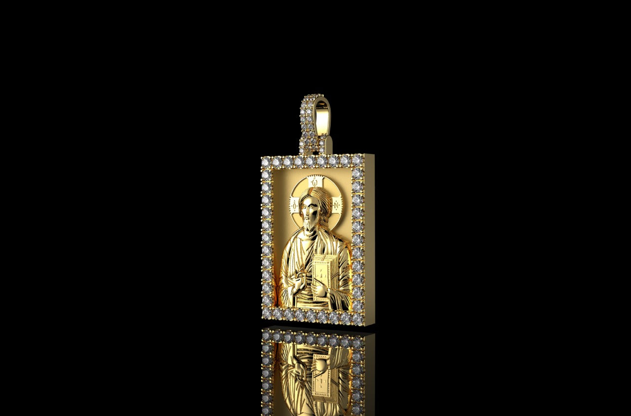 14k yellow gold custom 3d square shape diamond saint medallion pendant
