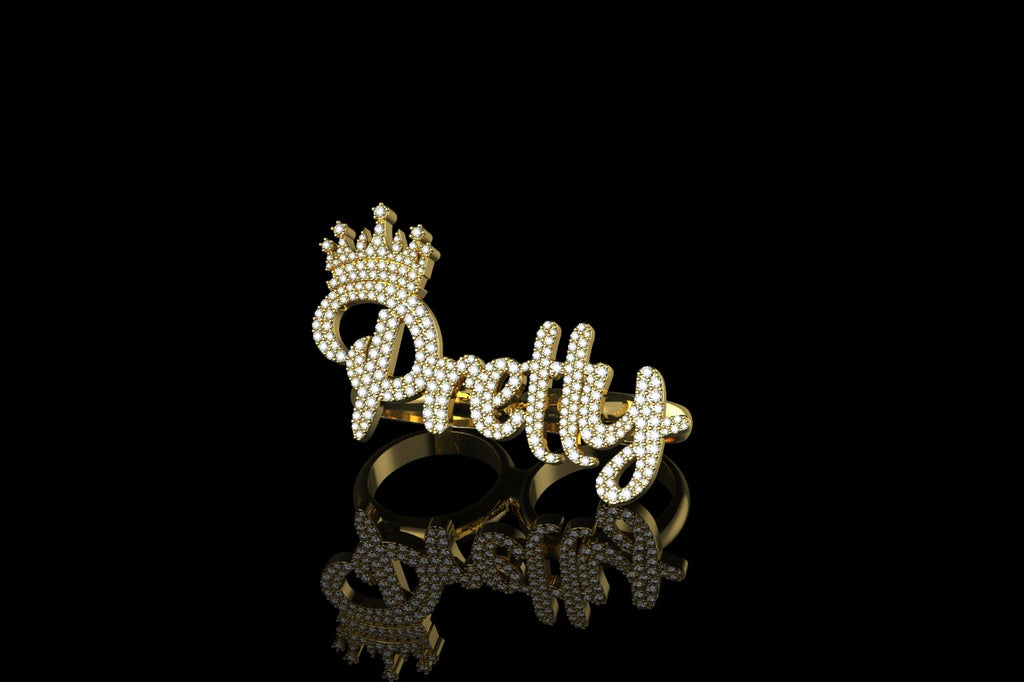 14k 2 tone yellow and white gold "pretty" with crown style diamond double finger ring