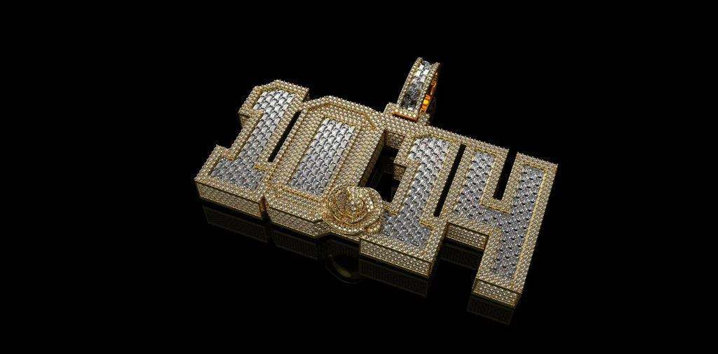 14K 2 TONE YELLOW AND WHITE GOLD DOUBLE LAYER CUSTOM "1014" STYLE BAGUETTE DIAMOND PENDANT