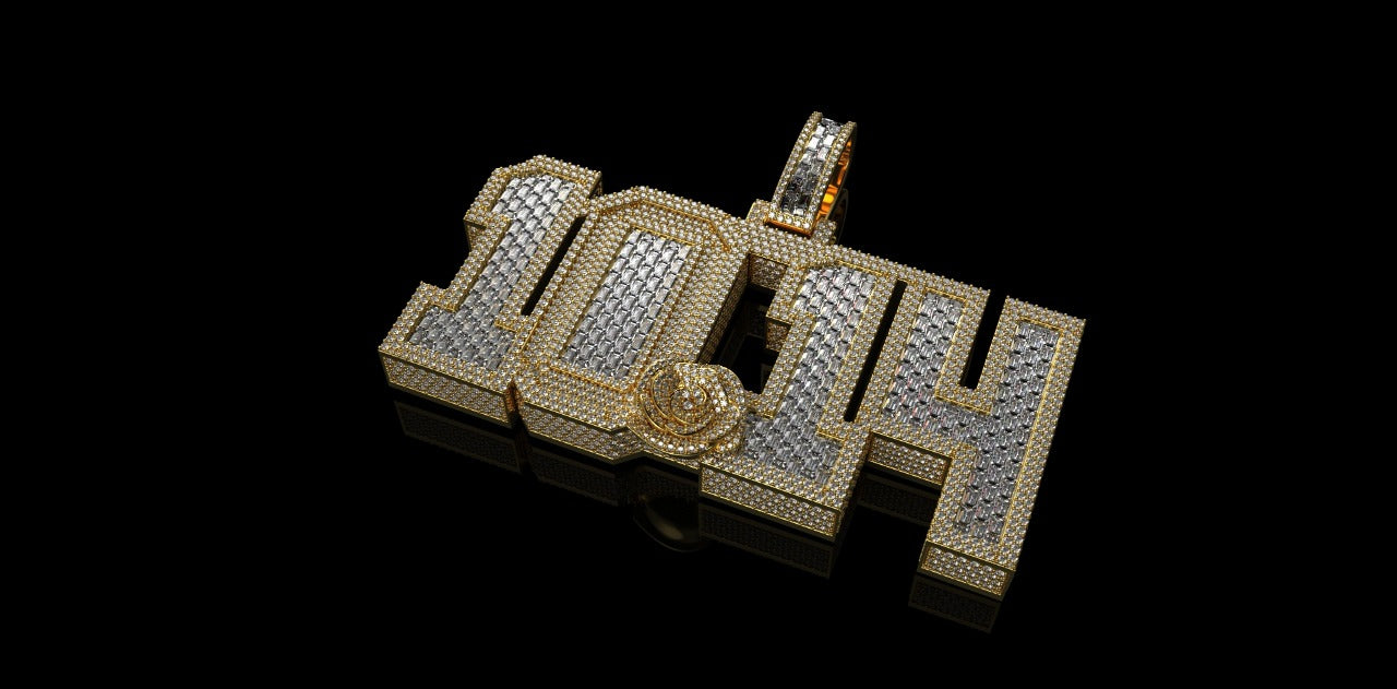 14K 2 TONE YELLOW AND WHITE GOLD DOUBLE LAYER CUSTOM "1014" STYLE BAGUETTE DIAMOND PENDANT