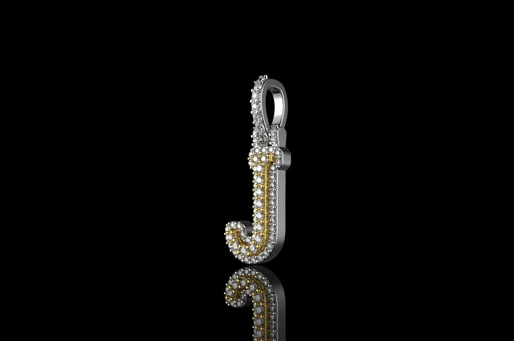 14k 2 tone yellow and white gold double layer small initial J diamond pendant