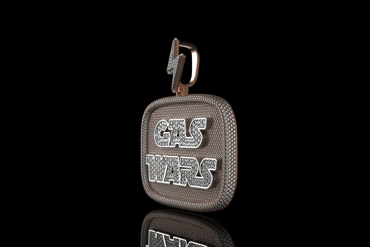 14k 2 tone rose and white gold "gas wars" style baguette diamond pendant