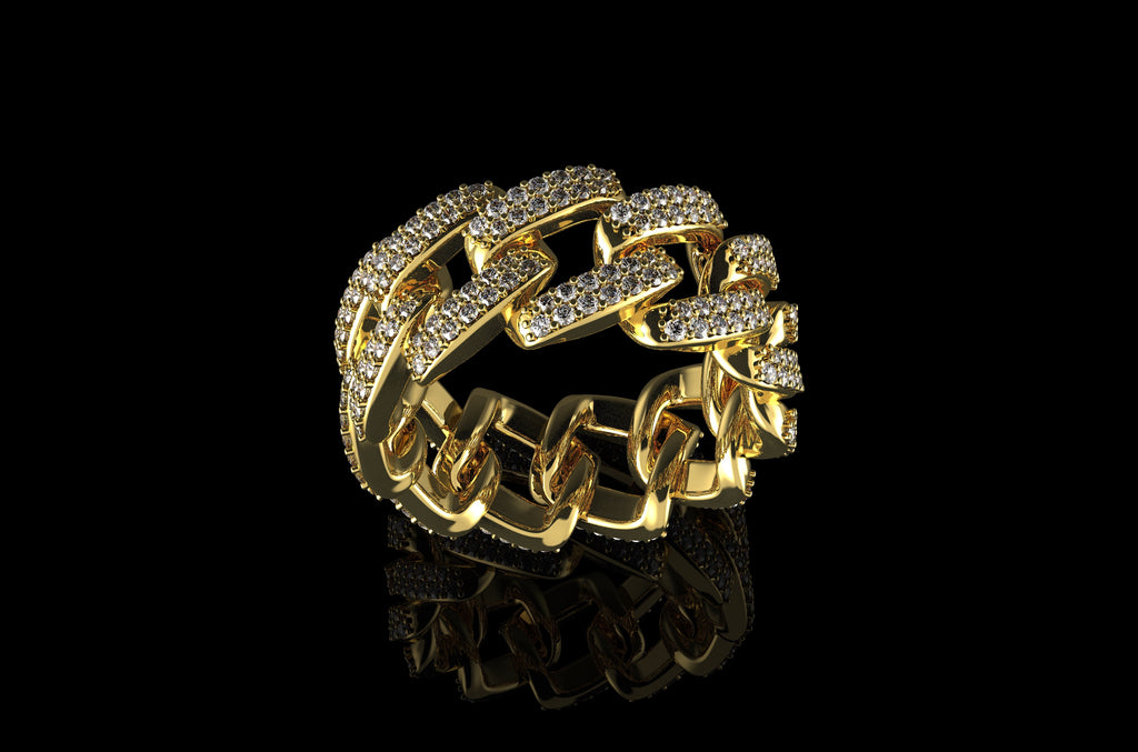 14k yellow gold diamond cuban link eternity ring 1.60cts