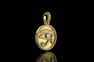 14k yellow gold round eye of ra diamond pendant