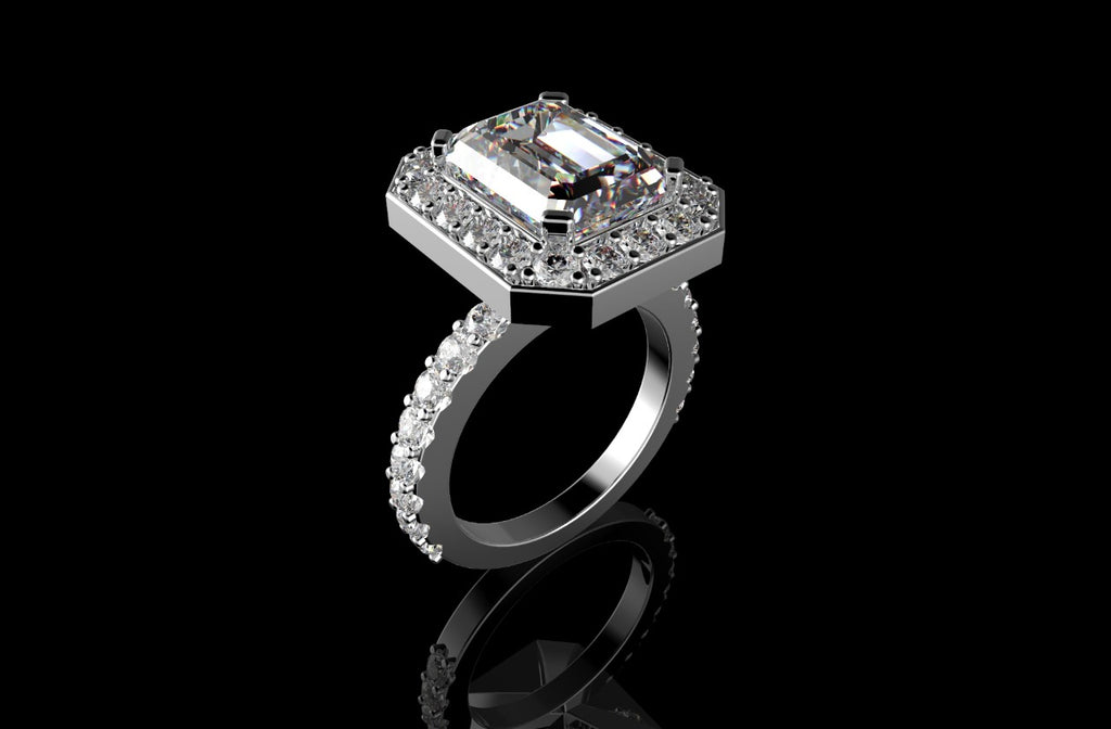 18k white gold custom emerald cut halo diamond engagement ring prong setting