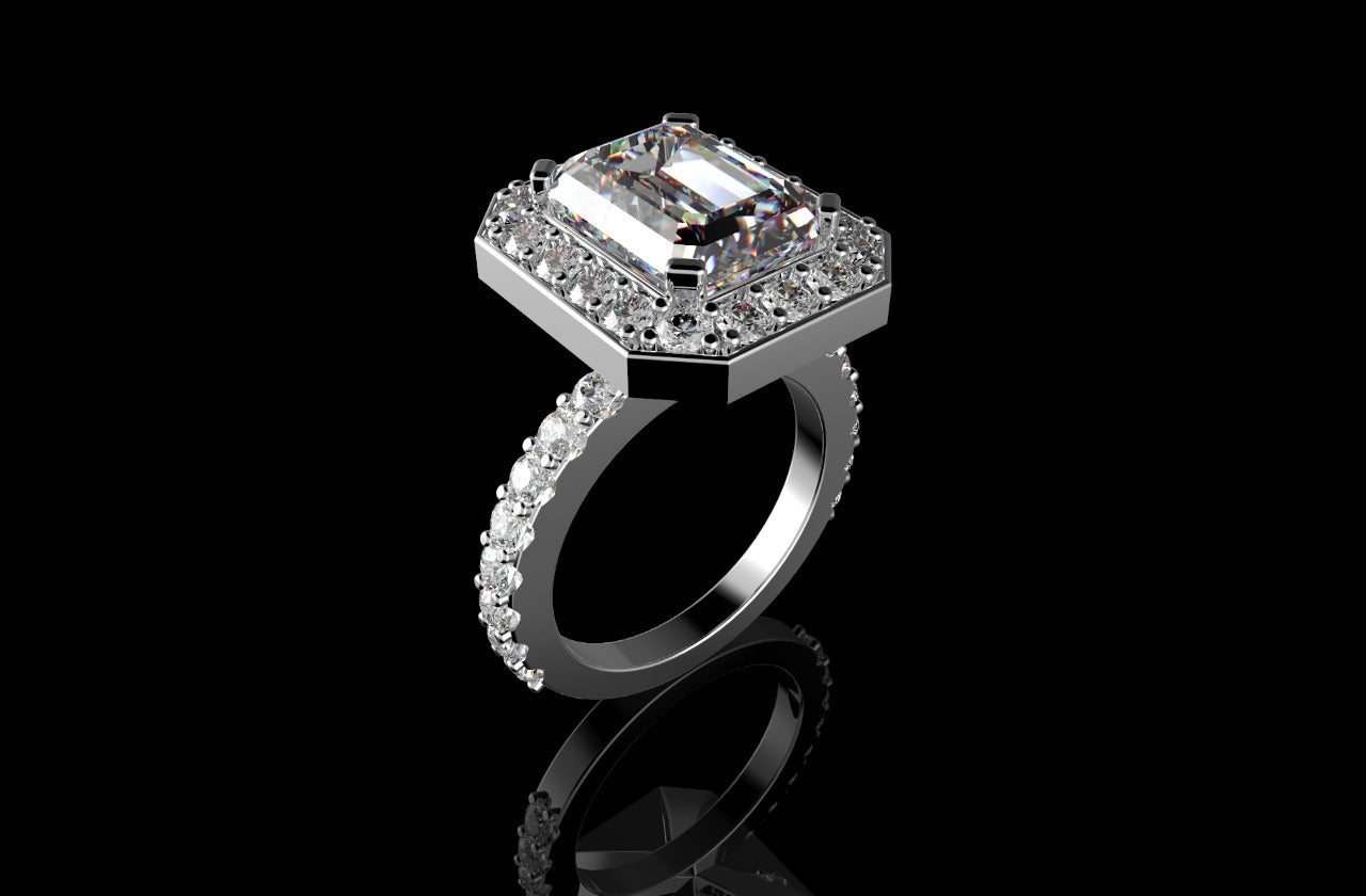 18k white gold custom emerald cut halo diamond engagement ring prong setting
