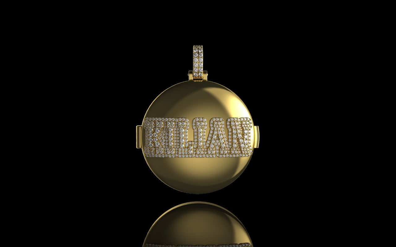 14k yellow gold double layer custom 3d round "kilian" style diamond picture pendant
