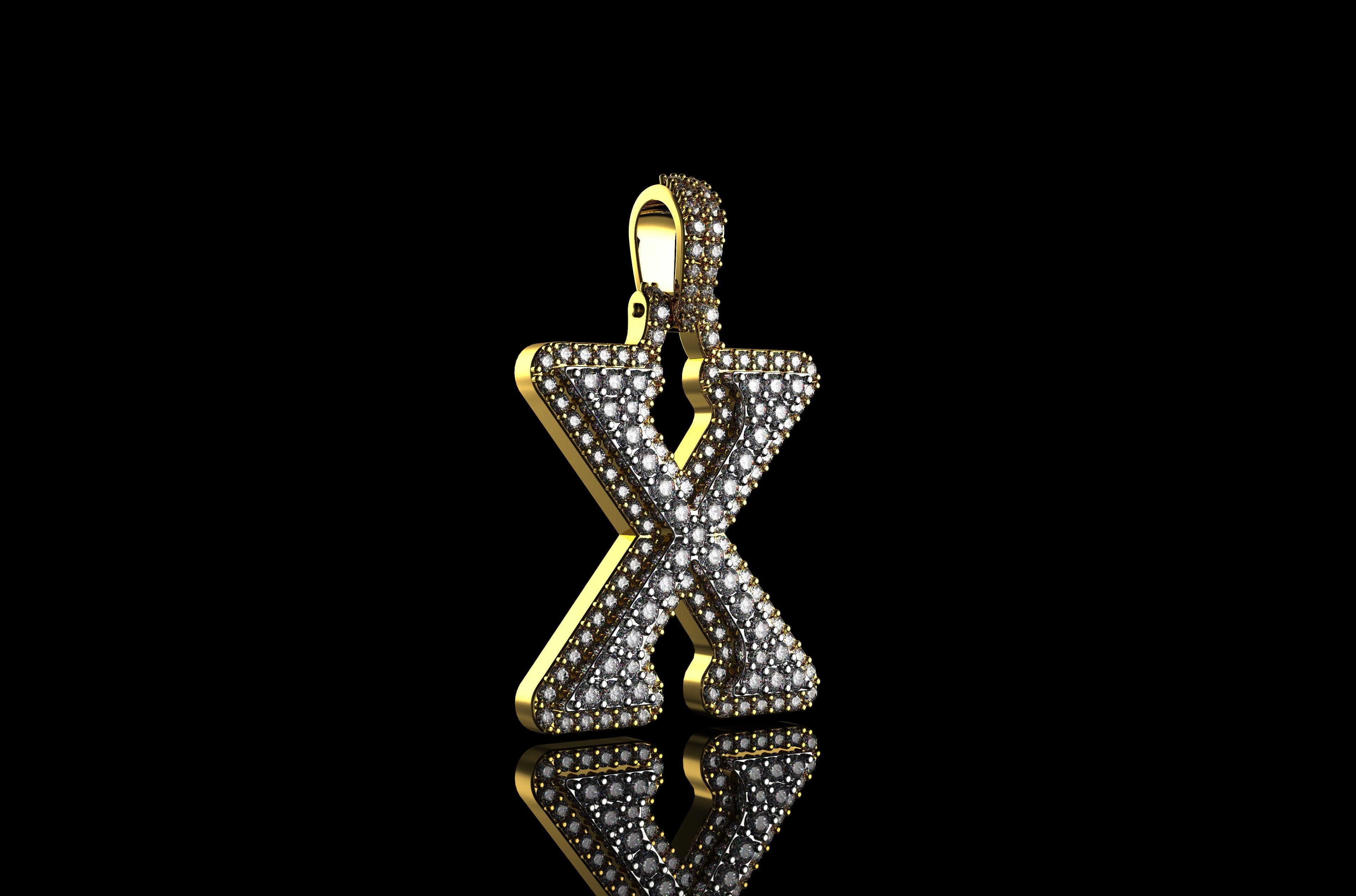 14k 2 tone yellow and white gold double layer initial X diamond pendant