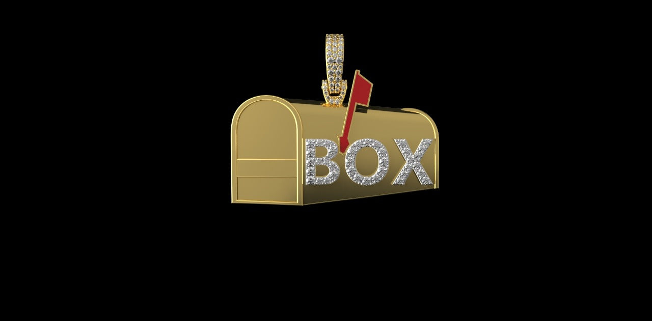 14K 2 TONE YELLOW AND WHITE GOLD CUSTOM "MAILBOX" STYLE DIAMOND PENDANT WITH RED ENAMEL