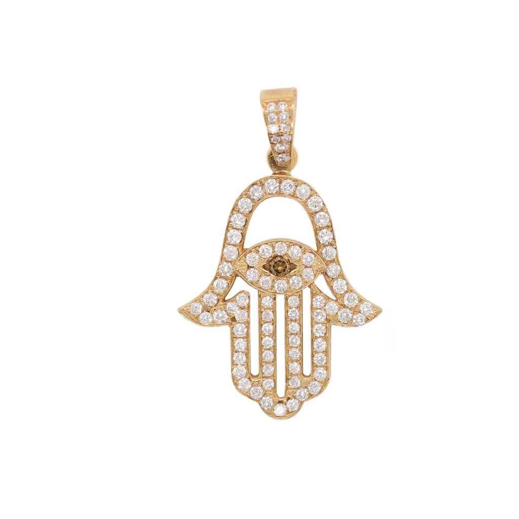 Outlined Hamsa Hand Diamond Yellow Gold Pendant 1.80 CT